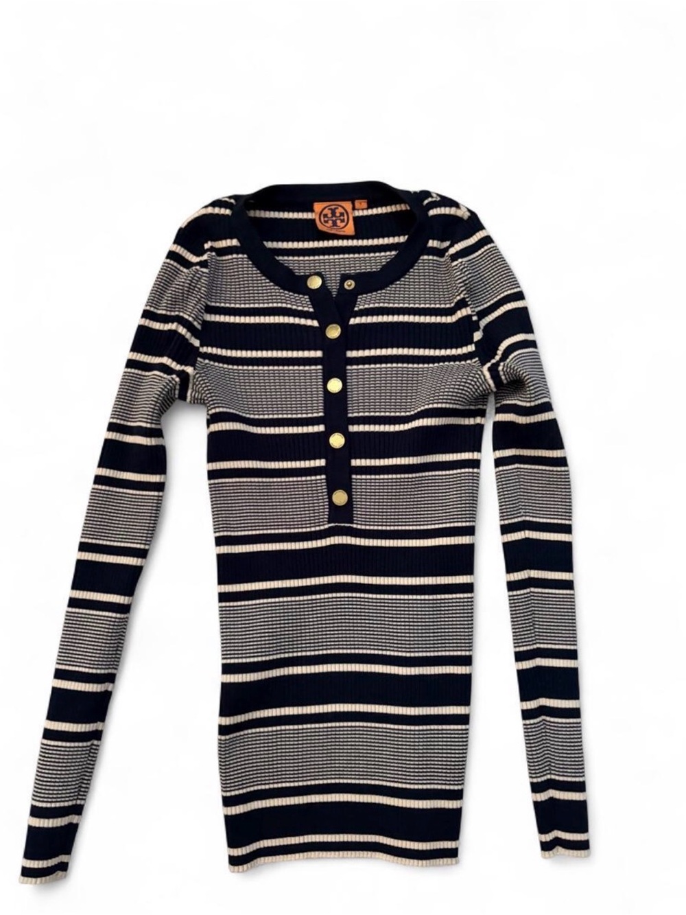 Tory Burch Navy & Cream Striped Henley Knit Top